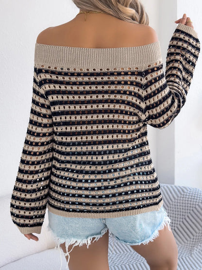 Stripe Hollow Out Off-Shoulder Loose Knit Vacation Top