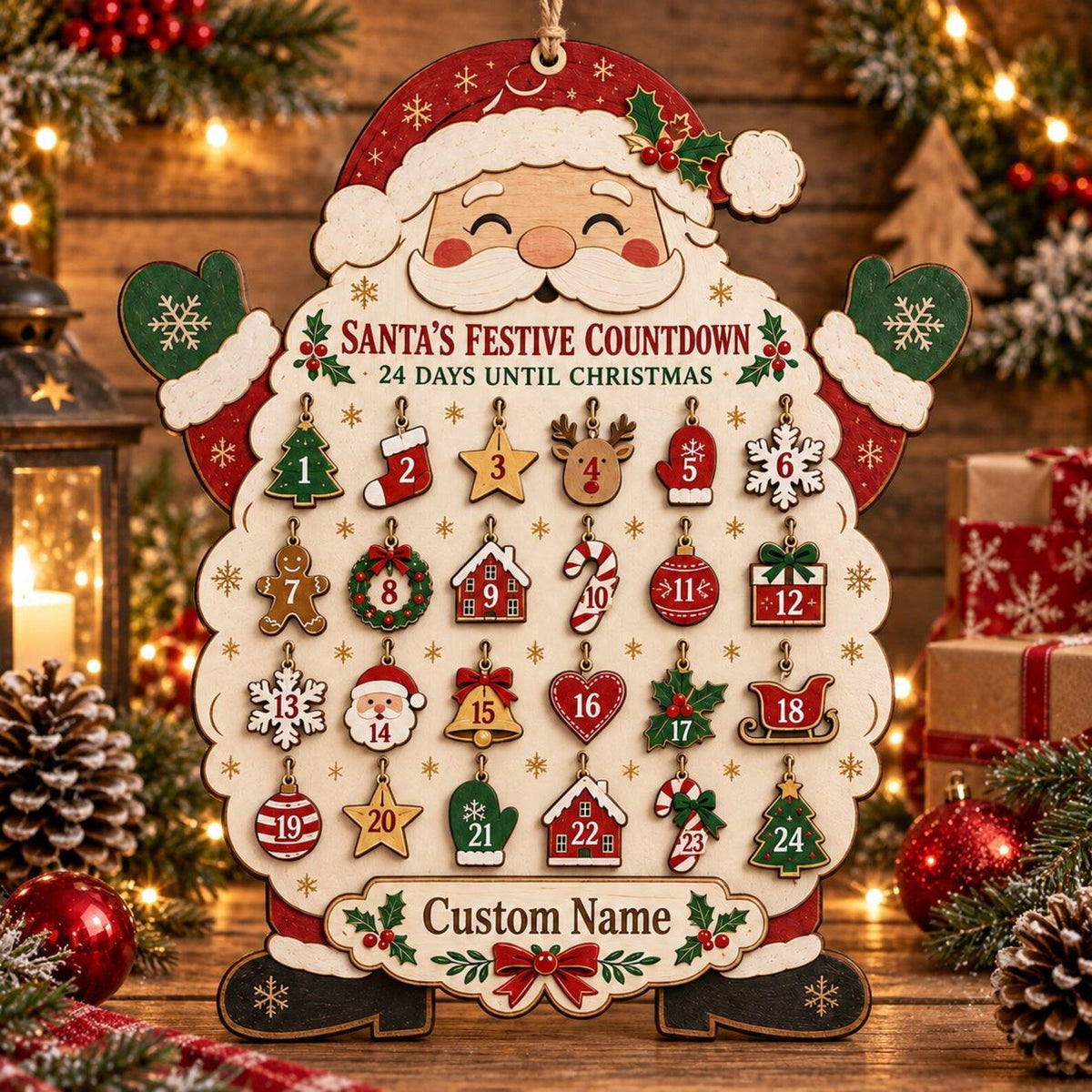 Personalized Santa Wooden Advent Calendar, Christmas Countdown Calendar, Custom Name Holiday Decor, Family Christmas Gift, Rustic Wood Sign