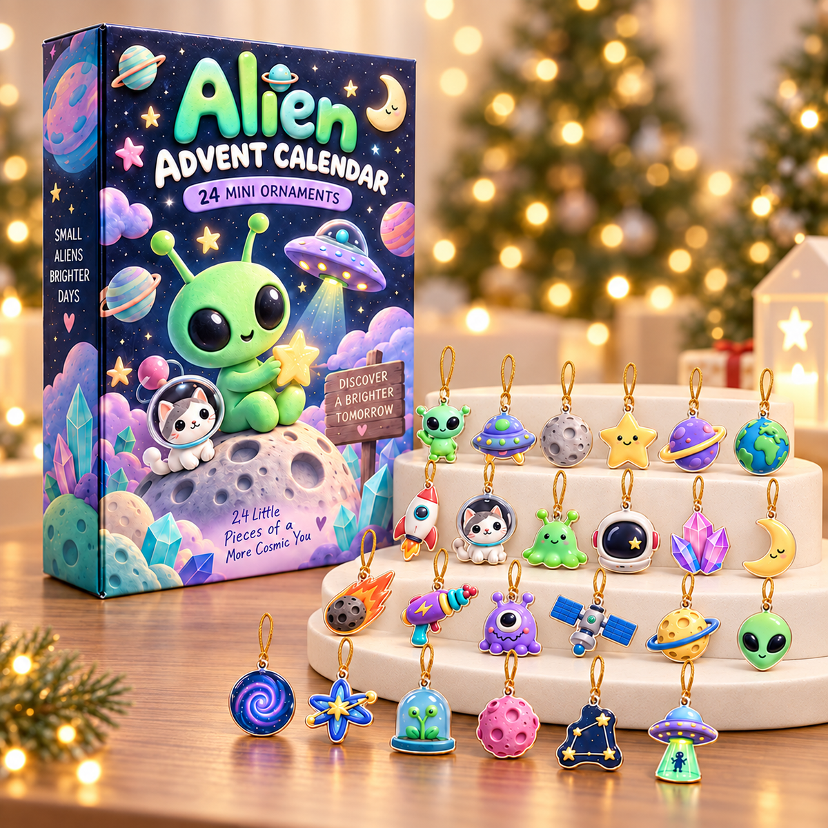 Alien Advent Calendar 2026 – 24 Mini Space Ornaments with Hanging Strings, Cute Alien UFO Planet Charms, Christmas Countdown Gift for Kids & Space Lovers