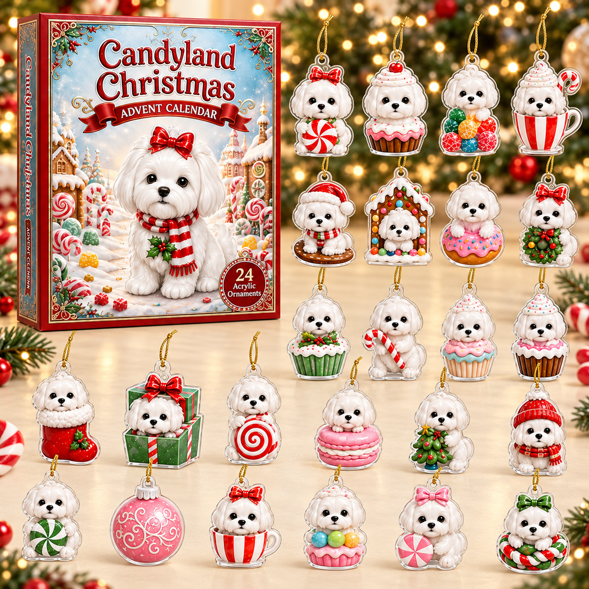 Maltese Candyland Christmas Advent Calendar 2026 - 24-Day Festive Countdown, Acrylic Charms Blind Box - Gift For Dog Lovers