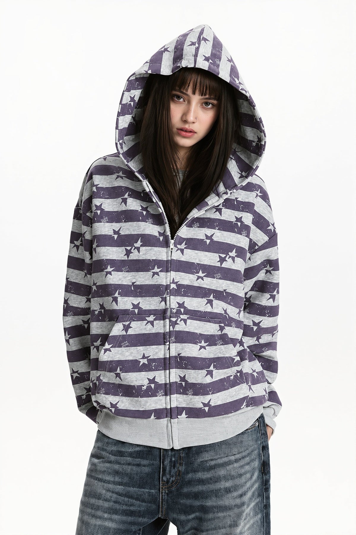 Striped Star Print Zip Hoodie