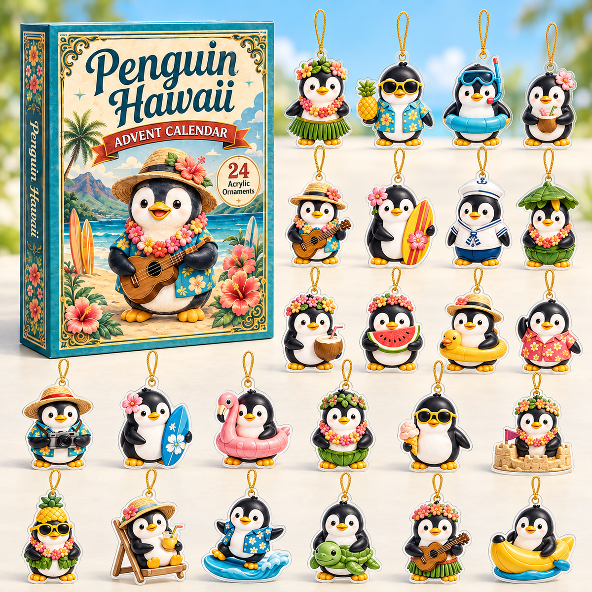 Penguin Hawaii Ocean Advent Calendar 2026 - 24-Day Festive Countdown, Acrylic Charms Blind Box - Gift For Ocean Lovers