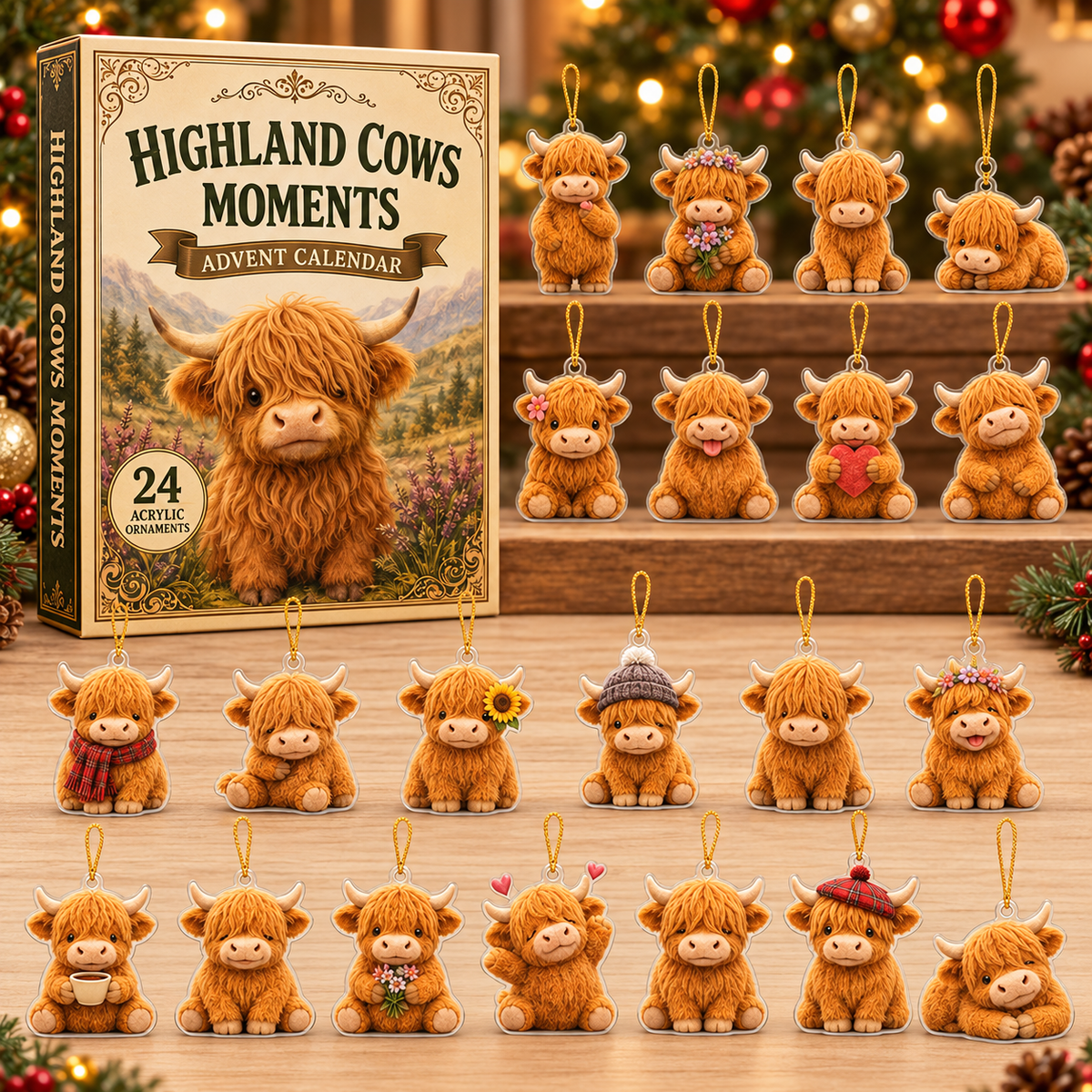 Highland Cow Moments Advent Calendar 2026 - 24-Day Festive Countdown, Acrylic Charms Blind Box - Gift For Cow Lovers