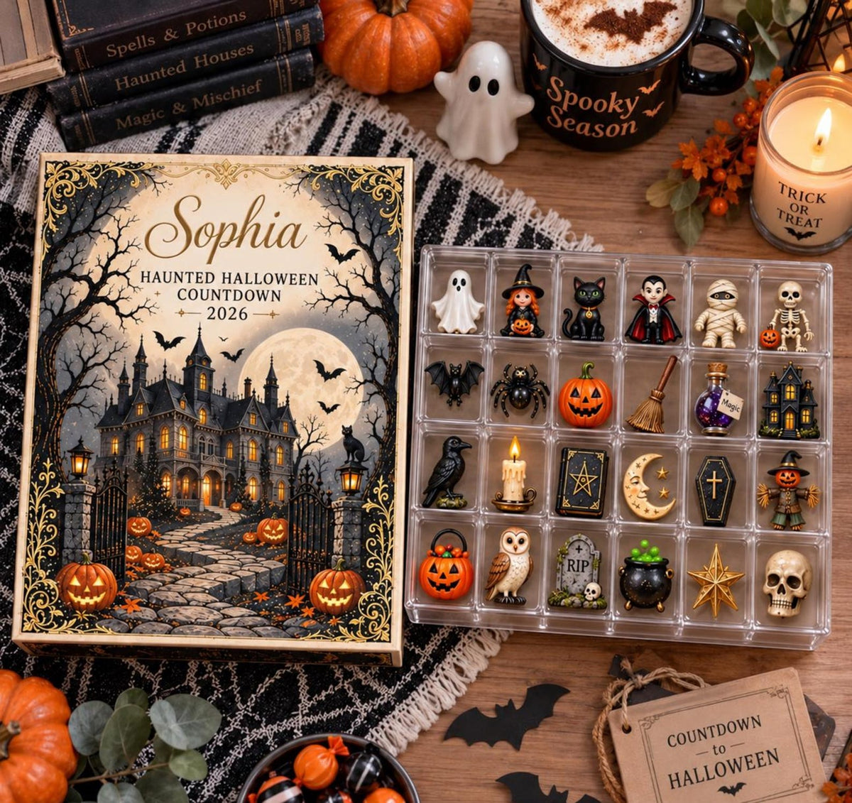 Personalized Halloween Advent Calendar, Haunted House Countdown, 24 Spooky Charms, Halloween Gift for Kids, Family GIFT 2026, Custom Name