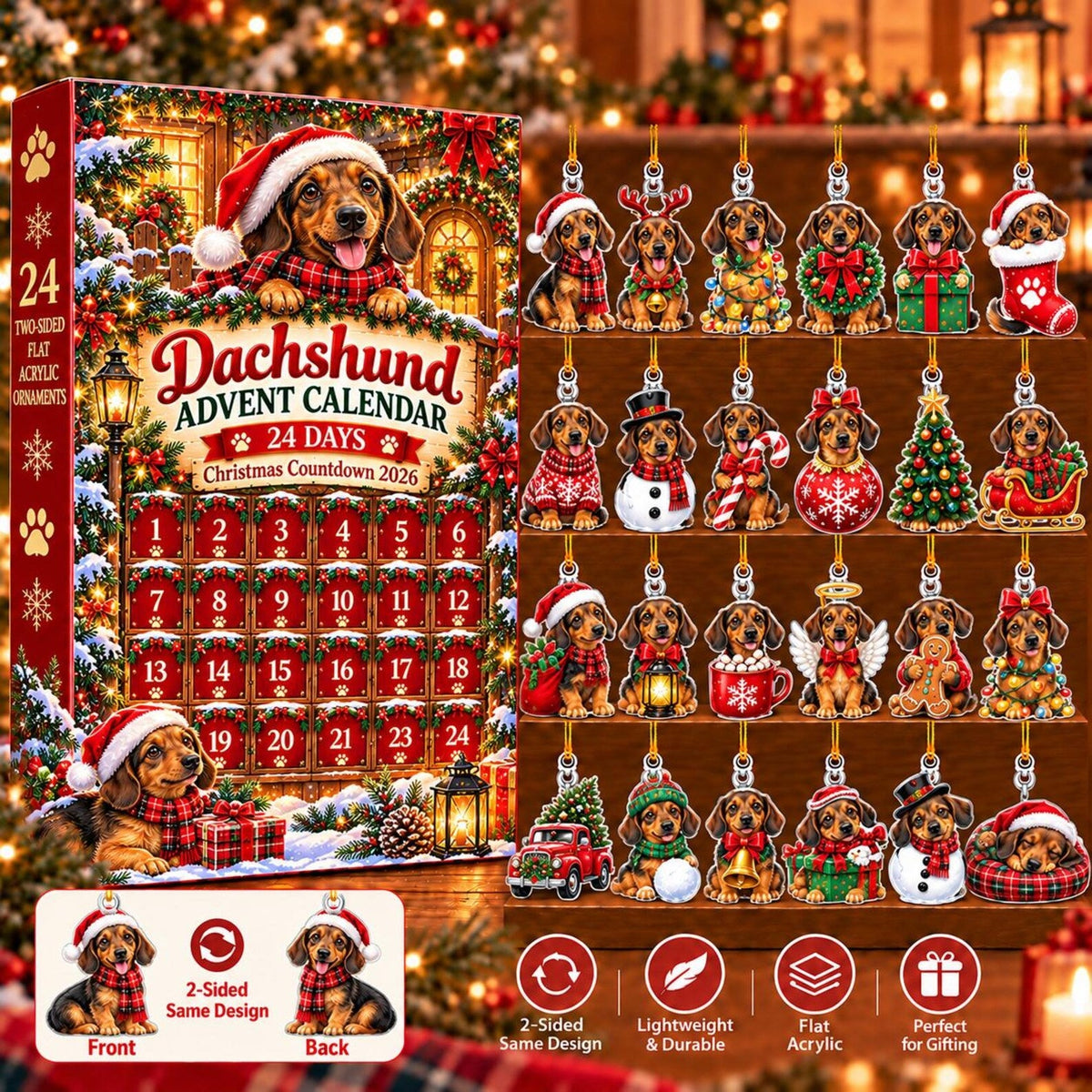 Dachshund Wiener Dog Advent Calendar 2026, 24 Acrylic Ornament Christmas Countdown Blind Box, Sausage Dog Holiday Gift Richard