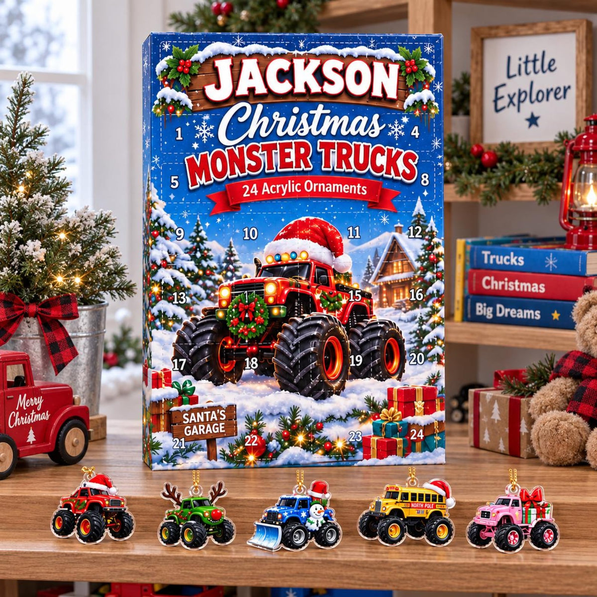 Personalized Monster Truck 2D Advent Calendar 2026, Custom Name Christmas Countdown, Kids Christmas Gift for Boys, Sons, Grandsons & Truck Fans