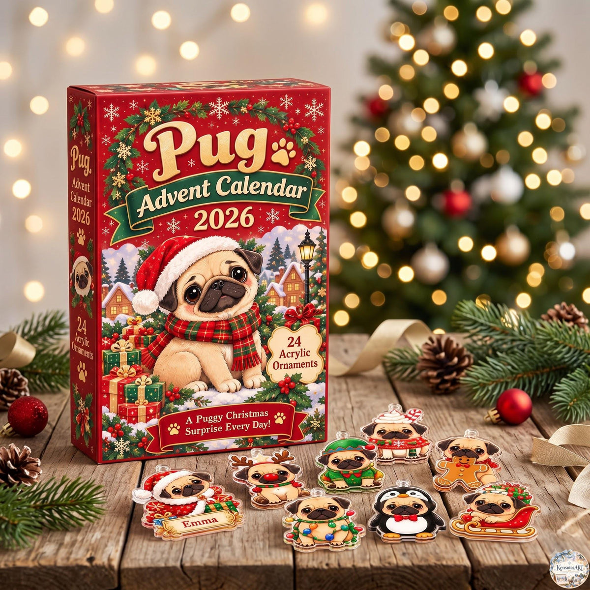 Pug Holiday Advent Calendar 2026 | 24 Day Christmas Countdown with Personalized 2D Name Charm