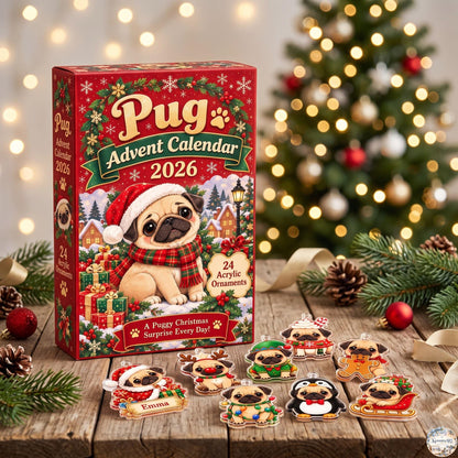 Pug Holiday Advent Calendar 2026 | 24 Day Christmas Countdown with Personalized 2D Name Charm