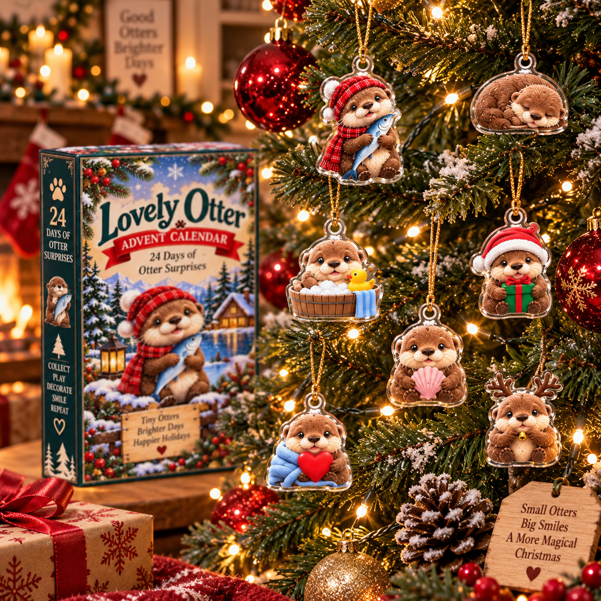 Lovely Otter Advent Calendar 24 Days of Surprises Acrylic Ornaments Christmas Countdown Box Cute Gift for Otter Lovers