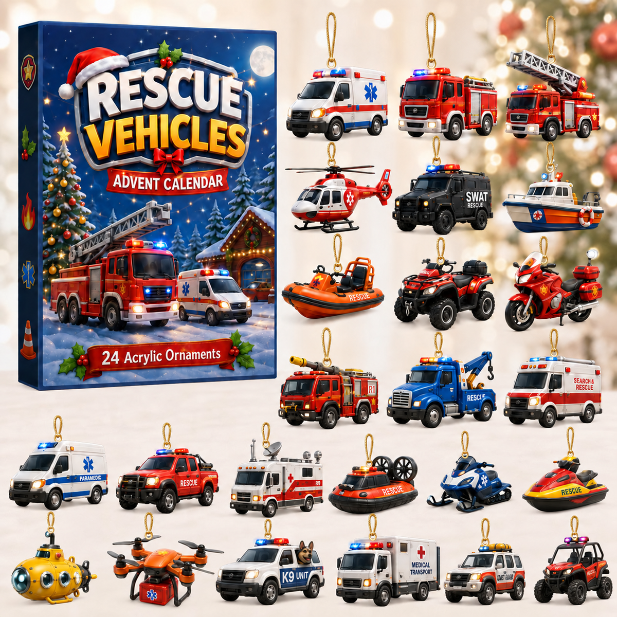 Rescue Vehicles Advent Calendar 2026 - 24-Day Festive Countdown, Acrylic Charms Blind Box - Gift For Kids, Family & Friends
