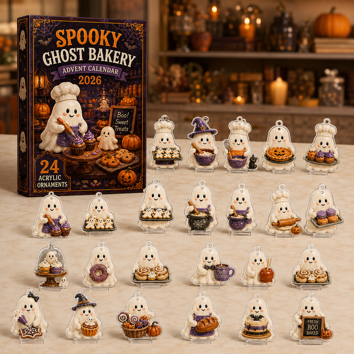 Spooky Ghost Bakery Advent Calendar 2026 - 24-Day Festive Countdown, Acrylic Charms Blind Box - Gift For Family & Friends