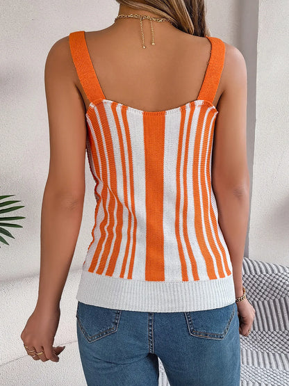 V-Neck Color Block Buttoned Hollow Out Knit Cami