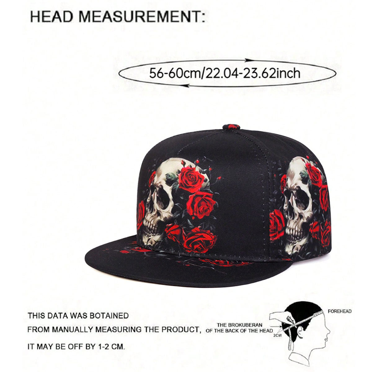 Skull Floral Print Hip Hop Flat Brim Baseball Cap