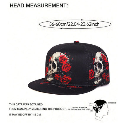 Skull Floral Print Hip Hop Flat Brim Baseball Cap