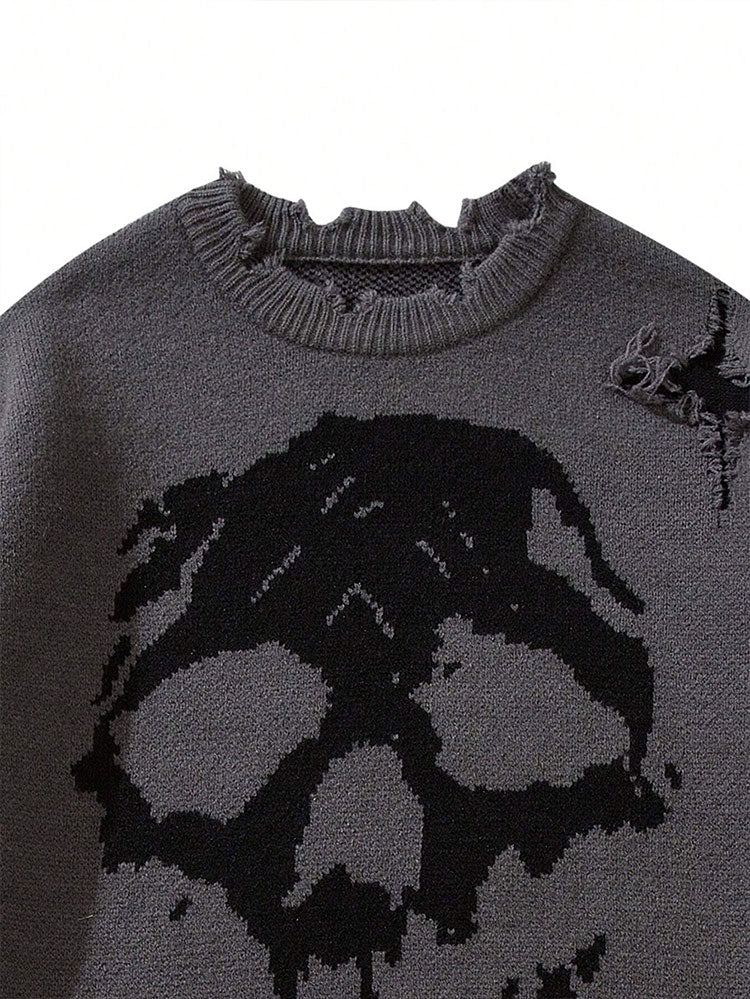 Distressed Skull Graphic Oversized Knit Sweater