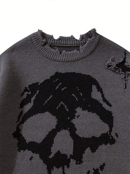 Distressed Skull Graphic Oversized Knit Sweater