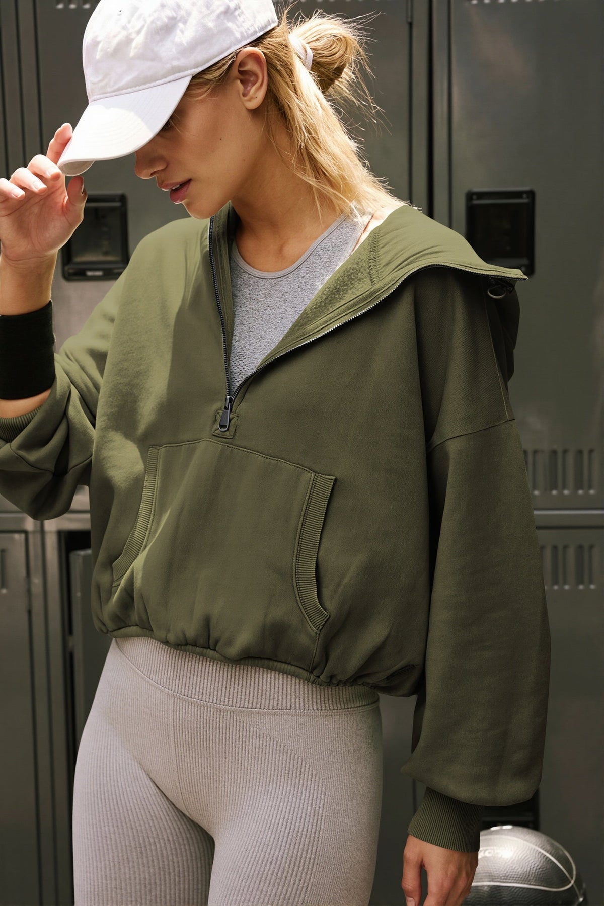 Solid Sporty Half Zip Hoodie