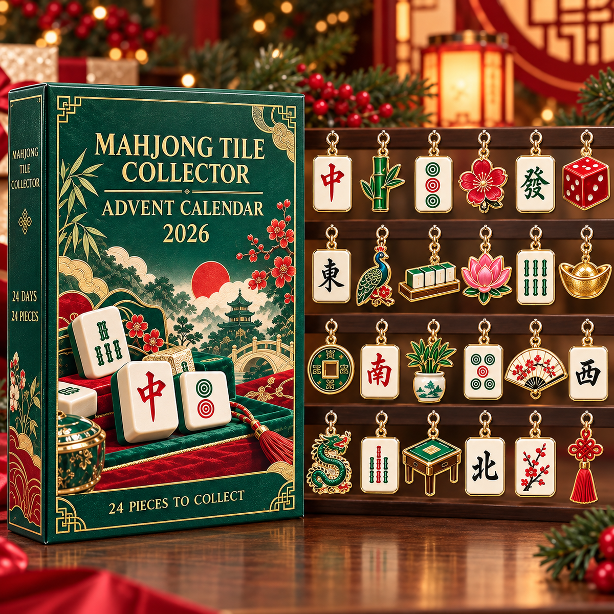 Mahjong Advent Calendar 2026, 24 Mini Acrylic Tile Charms, Mahjong Lover Christmas Countdown Gift, Holiday Hanging Ornament Set
