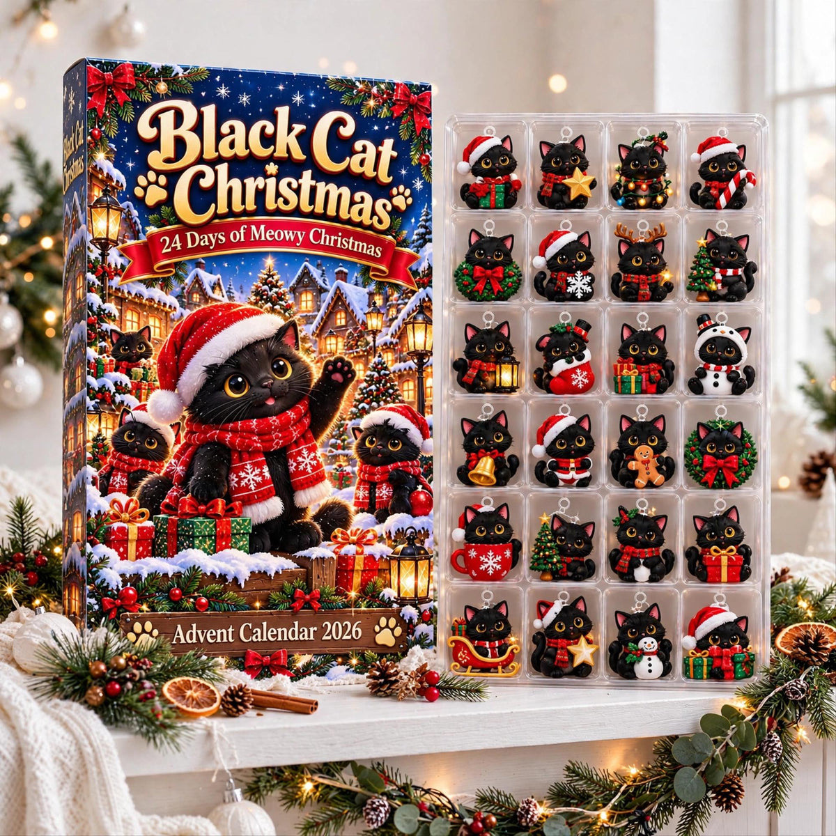 Black Cat Advent Calendar 2026, 24 Piece Black Cat Ornament Set, Blind Box Advent Calendar, Christmas Countdown Gift for Home Decor