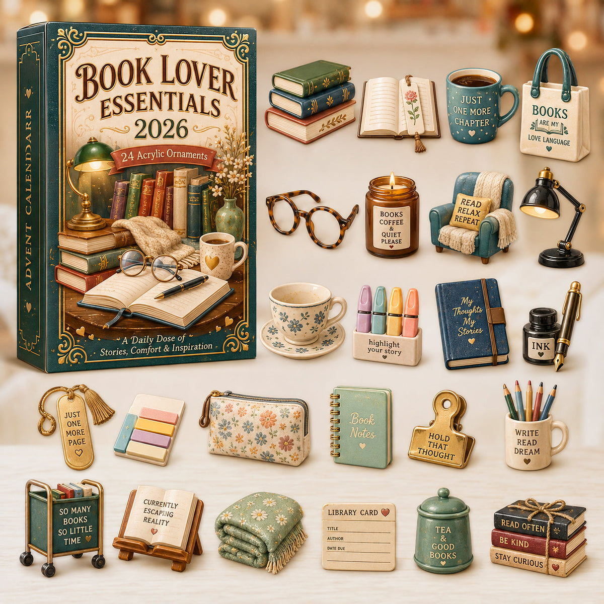 Book Lover Essentials Advent Calendar 2026 - 24-Day Festive Countdown, Acrylic Charms Blind Box - Gift For Reading Lovers