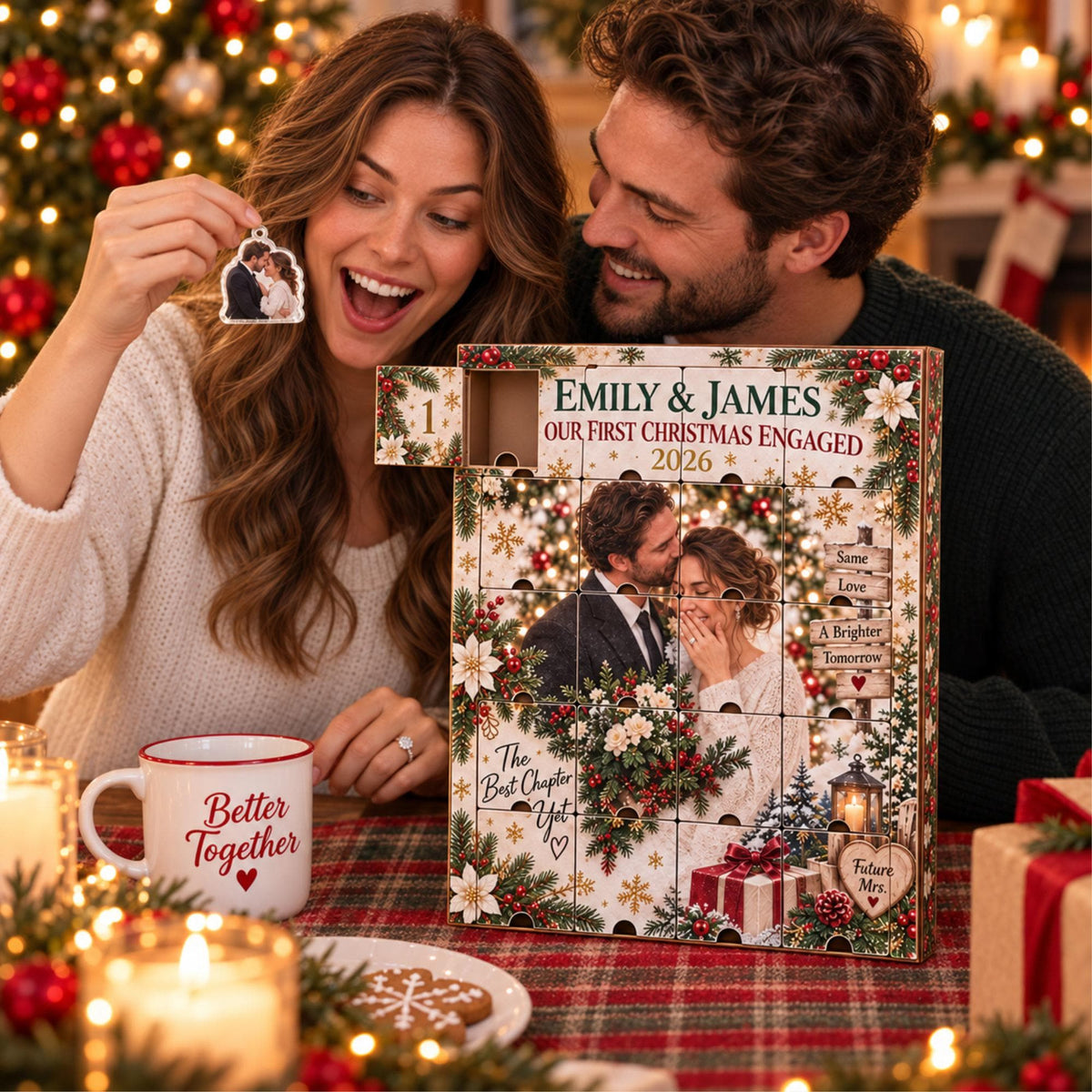 Personalized Engagement Advent Calendar with 24 Custom Photo Acrylic Ornaments, First Christmas Engaged Gift, Couple Keepsake for Fiancée