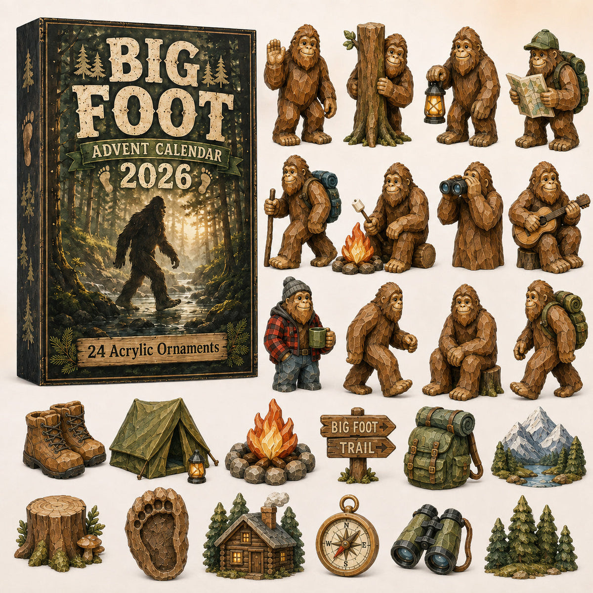 Camping Big Foot Advent Calendar 2026 - 24-Day Festive Countdown, Acrylic Charms Blind Box - Gift For Campers, Family & Friends