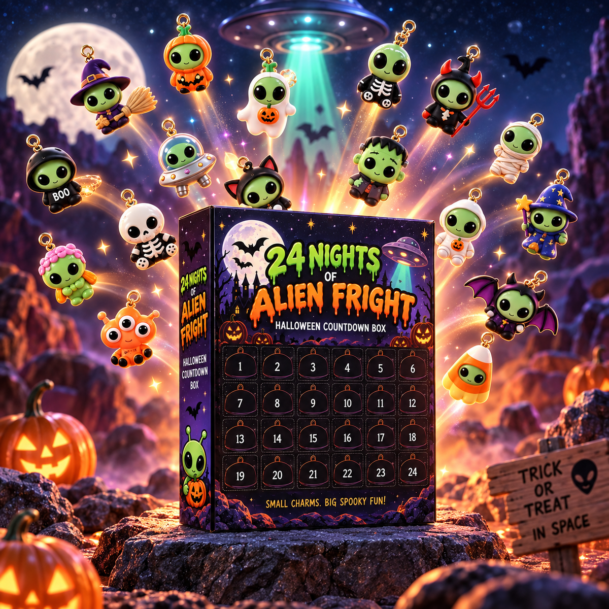 24 Nights of Alien Fright Halloween Advent Calendar 2026 – 24 Cute Alien Charms, Spooky Countdown Box for Kids & Alien Lovers