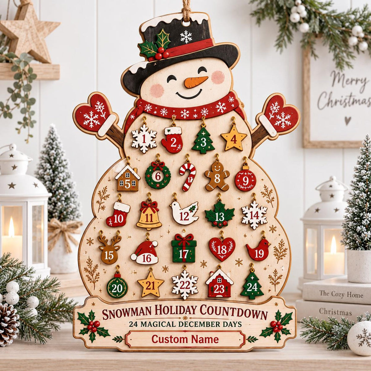 Personalized Snowman Advent Calendar, Christmas Countdown Calendar, Custom Name Holiday Decor, Family Christmas Gift, Rustic Wooden Sign