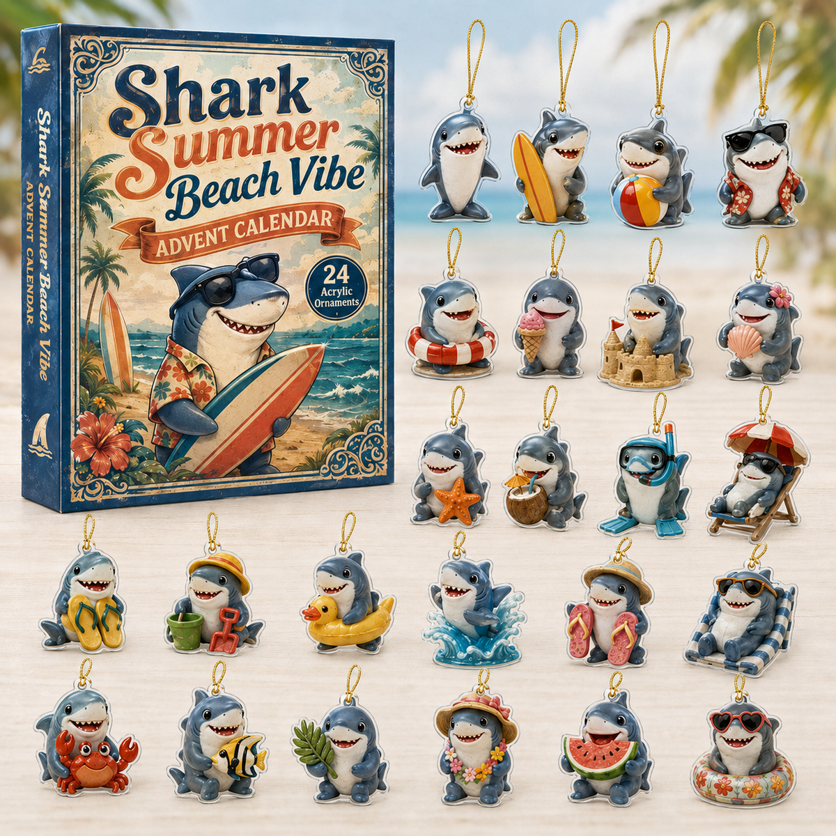 Shark Summer Beach Advent Calendar 2026 - 24-Day Festive Countdown, Acrylic Charms Blind Box - Gift For Shark Lovers