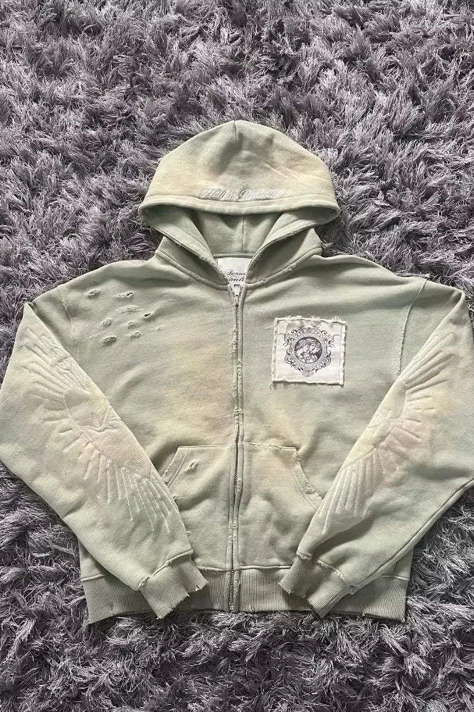 Letter Embroidery Zipper Hoodie
