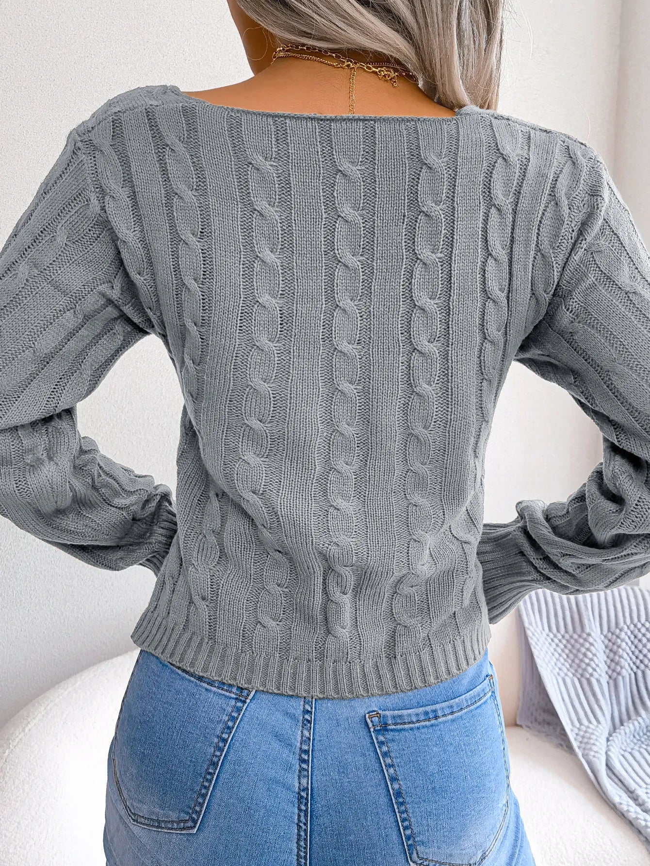 Cross V-Neck Cable Knit Long Sleeve Cropped Sweater