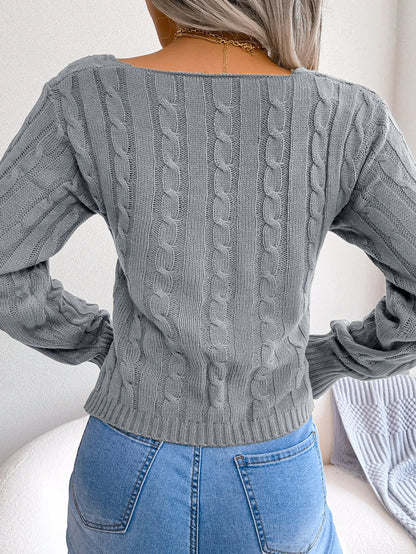 Cross V-Neck Cable Knit Long Sleeve Cropped Sweater