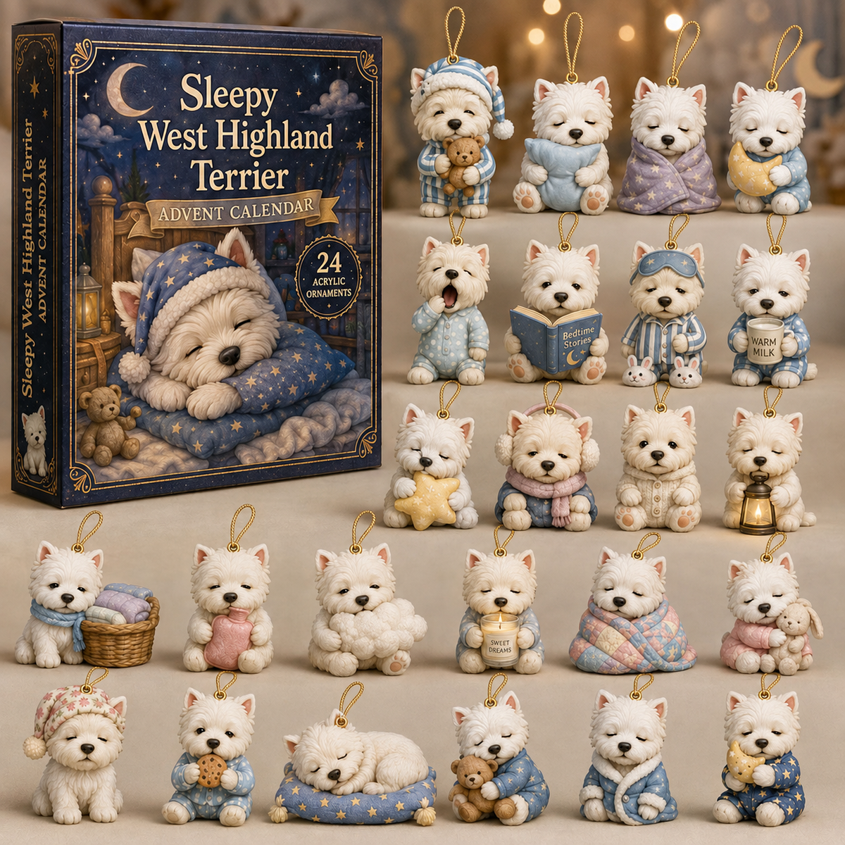 Sleepy West Highland Terrier Advent Calendar 2026 - 24-Day Festive Countdown, Acrylic Charms Blind Box - Gift For West Highland Terrier Lovers