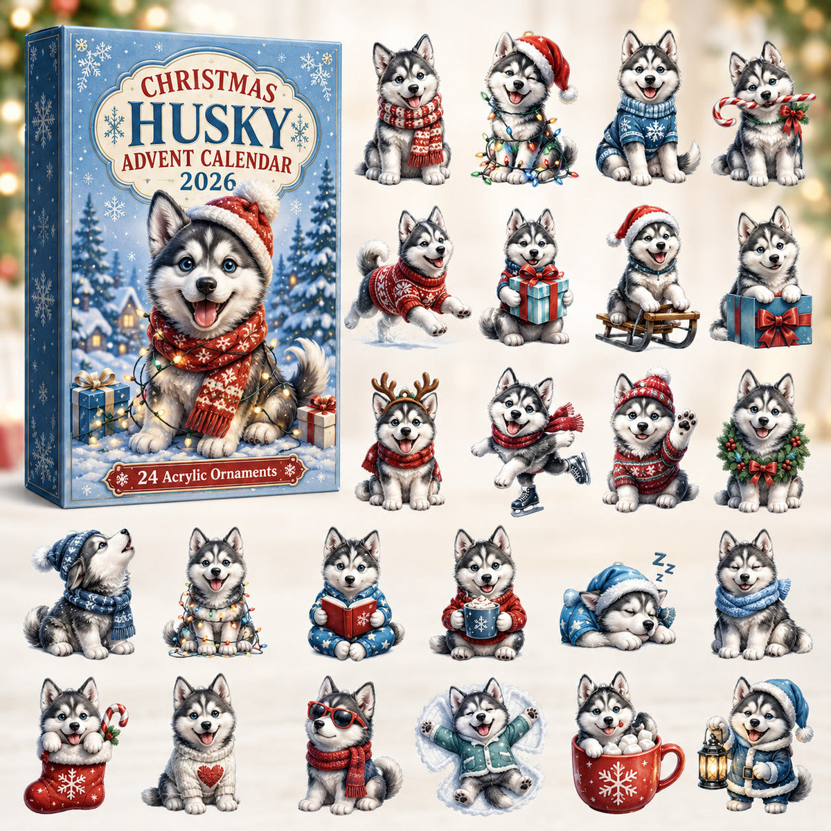 Christmas Husky Advent Calendar 2026 - 24-Day Festive Countdown, Acrylic Charms Blind Box - Gift For Husky Lovers