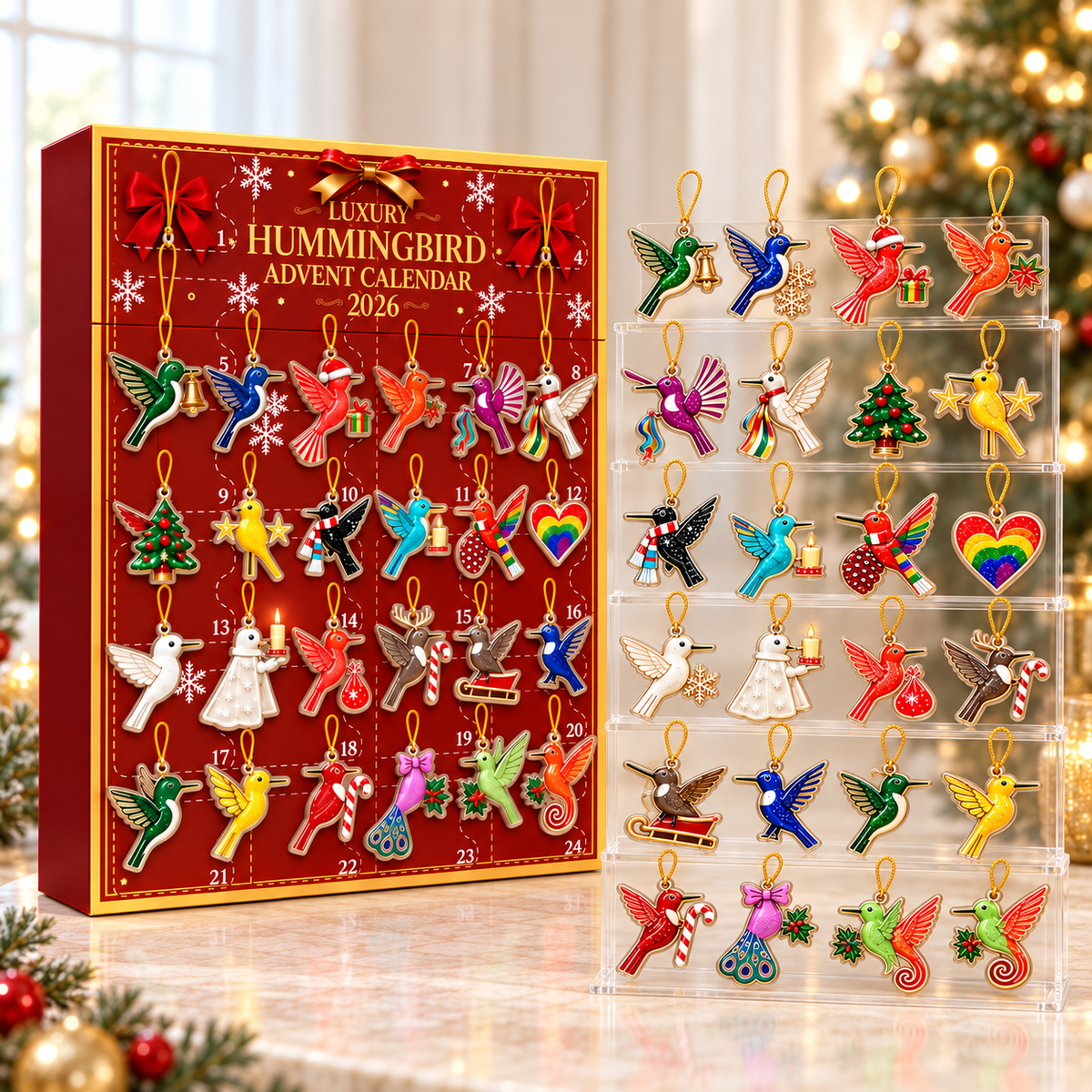 Hummingbird Advent Calendar 2026, 24 2D Flat Acrylic Ornaments Box, Christmas Countdown, Hummingbird Lover Gift