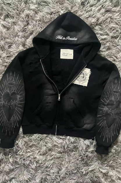Letter Embroidery Zipper Hoodie
