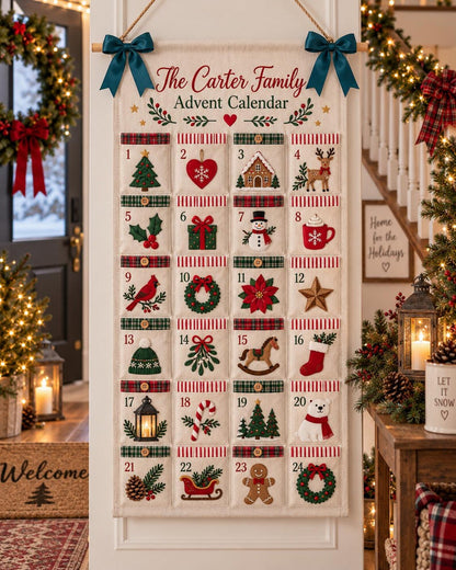 Personalized Family Advent Calendar, 24 Pocket Christmas Countdown, Custom Name Holiday Wall Hanging, Christmas Decor