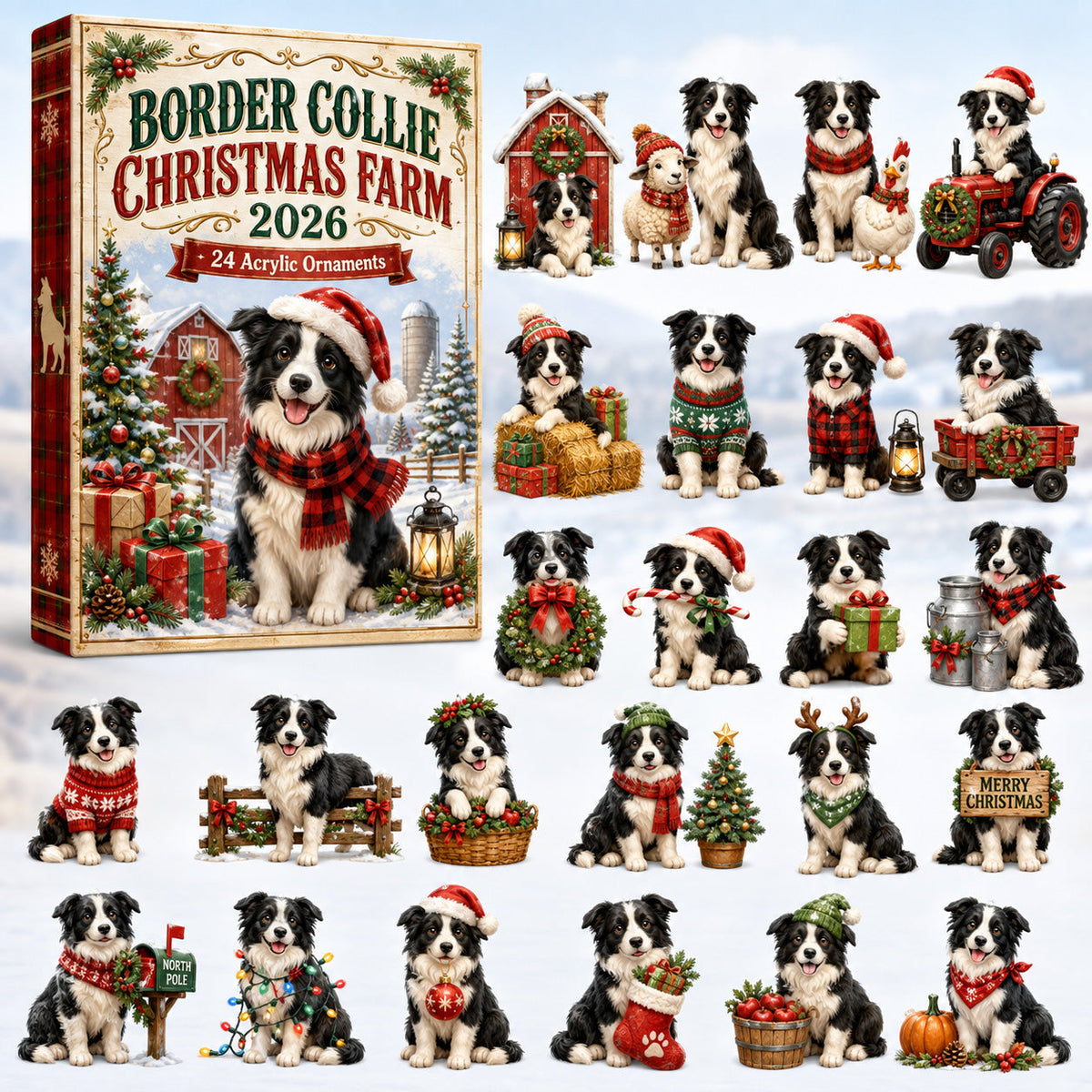 Border Collie Christmas Farm Advent Calendar 2026 - 24-Day Festive Countdown, Acrylic Charms Blind Box - Gift For Border Collie Lovers