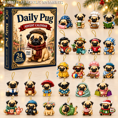 Daily Pug Advent Calendar 2026 - 24-Day Festive Countdown, Acrylic Charms Blind Box - Gift For Dog Lovers