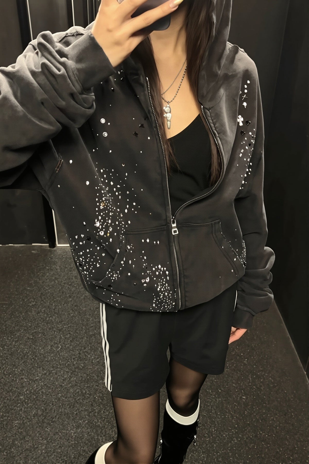 Rhinestone Washed Zip Hoodie