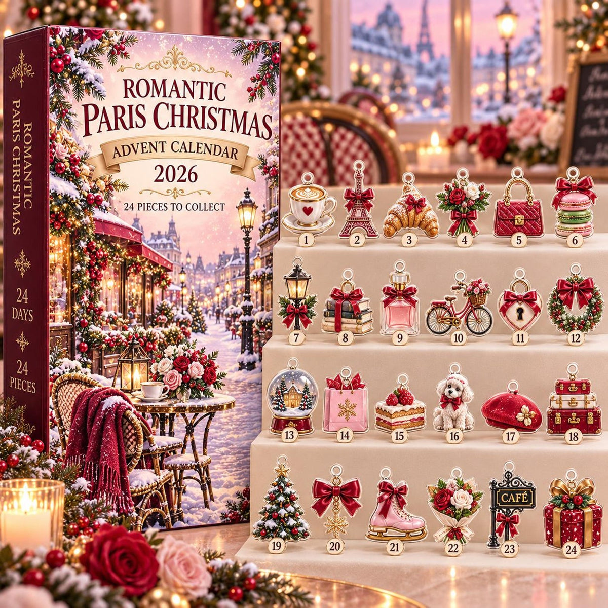 Romantic Paris Christmas Advent Calendar 2026, 24 Acrylic Ornament Countdown, Feminine Holiday Gift for Her