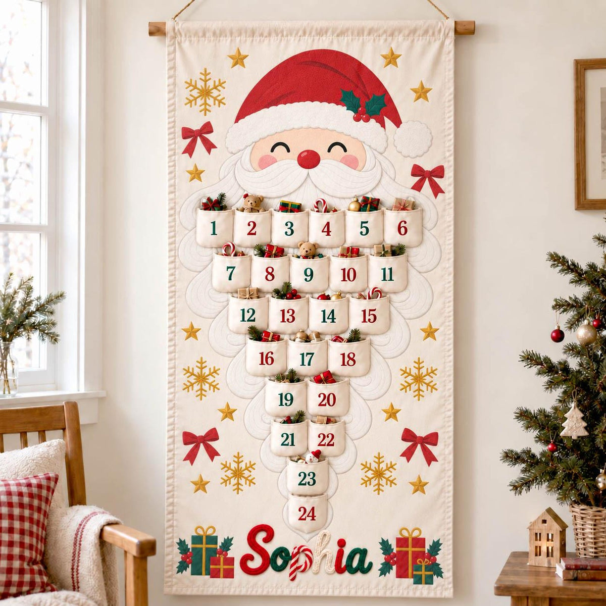 Personalized Advent Calendar with Name, 24 Pocket Christmas Countdown Wall Hanging, Printed Santa, Reindeer, Snowman, Tree, Corded Lettering