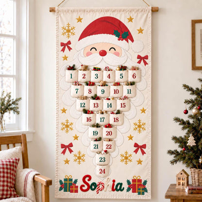 Personalized Advent Calendar with Name, 24 Pocket Christmas Countdown Wall Hanging, Printed Santa, Reindeer, Snowman, Tree, Corded Lettering