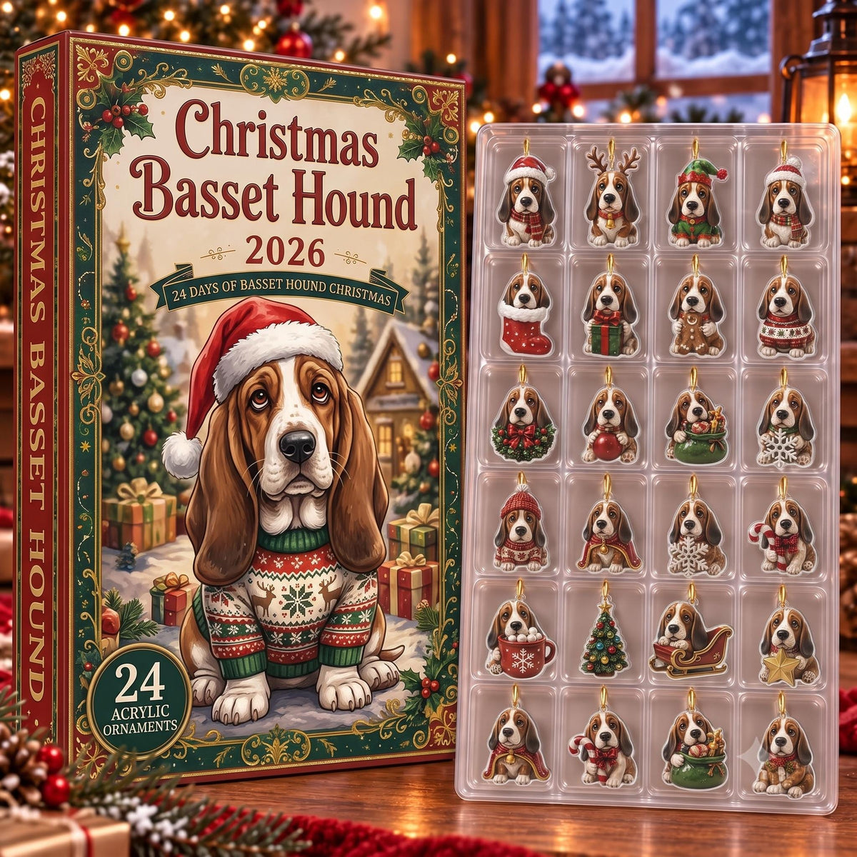 Basset Hound Advent Calendar 2026, 24 Days Christmas Countdown Box, Hanging Dog Tree Ornaments, Xmas Gift for Dog Mom