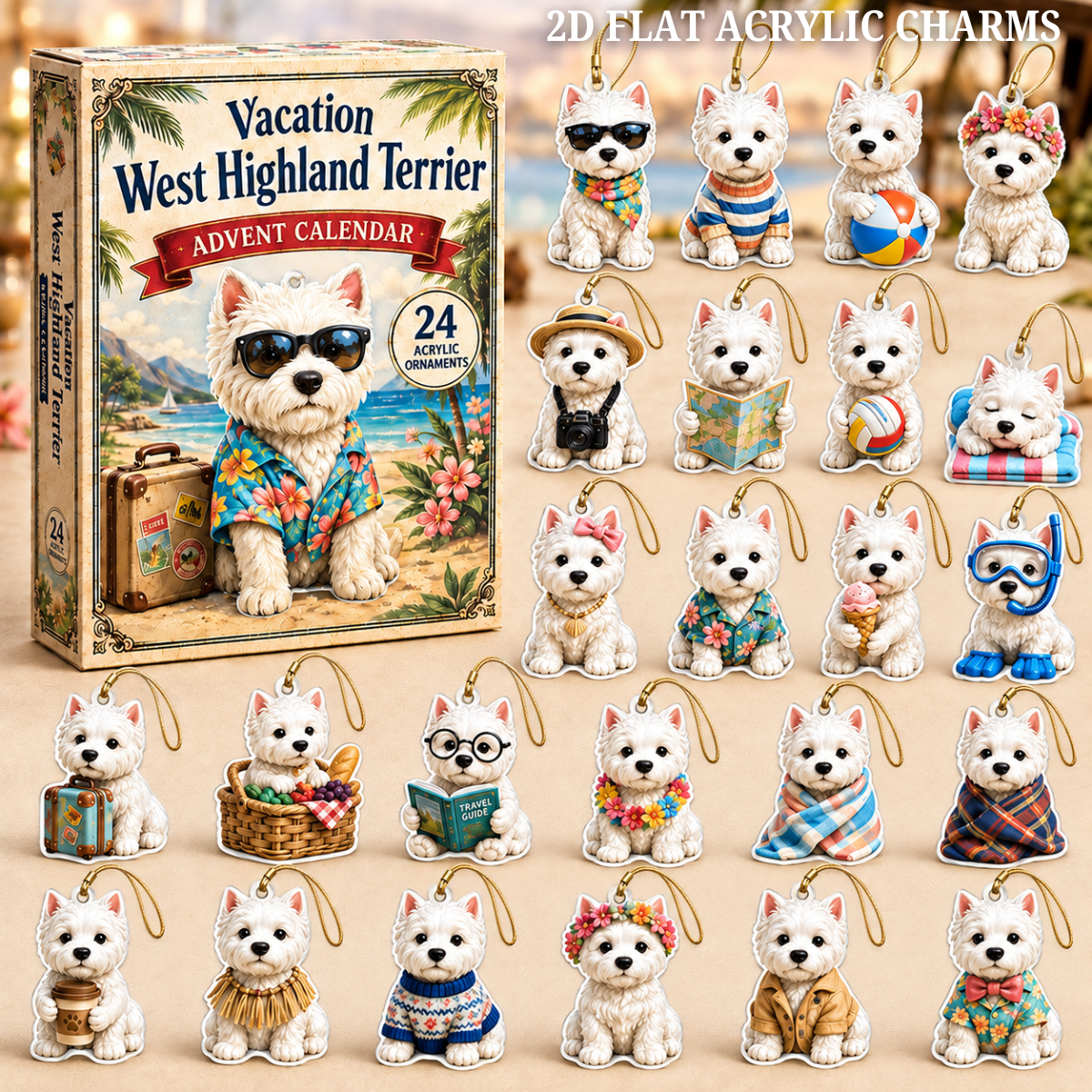 Vacation West Highland Terrier Advent Calendar 2026 - 24-Day Festive Countdown, Acrylic Charms Blind Box - Gift For West Highland Terrier Lovers