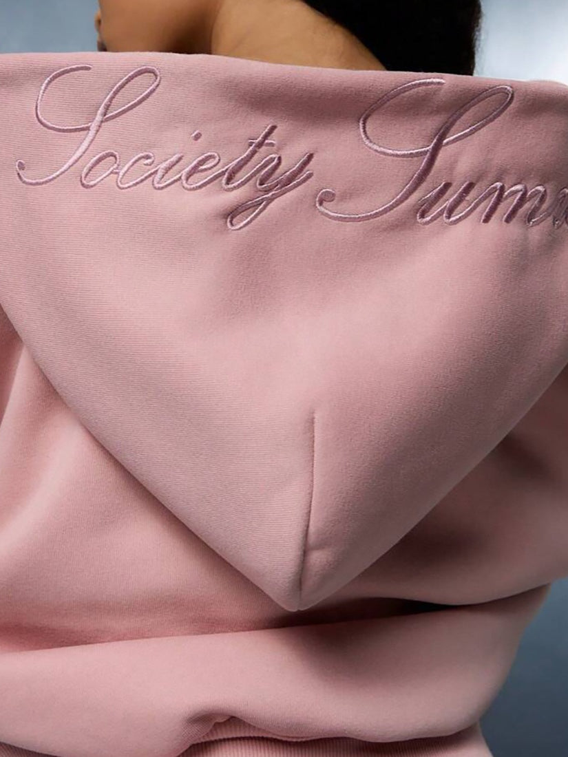 Embroidered Side Bow Zip Up Hoodie