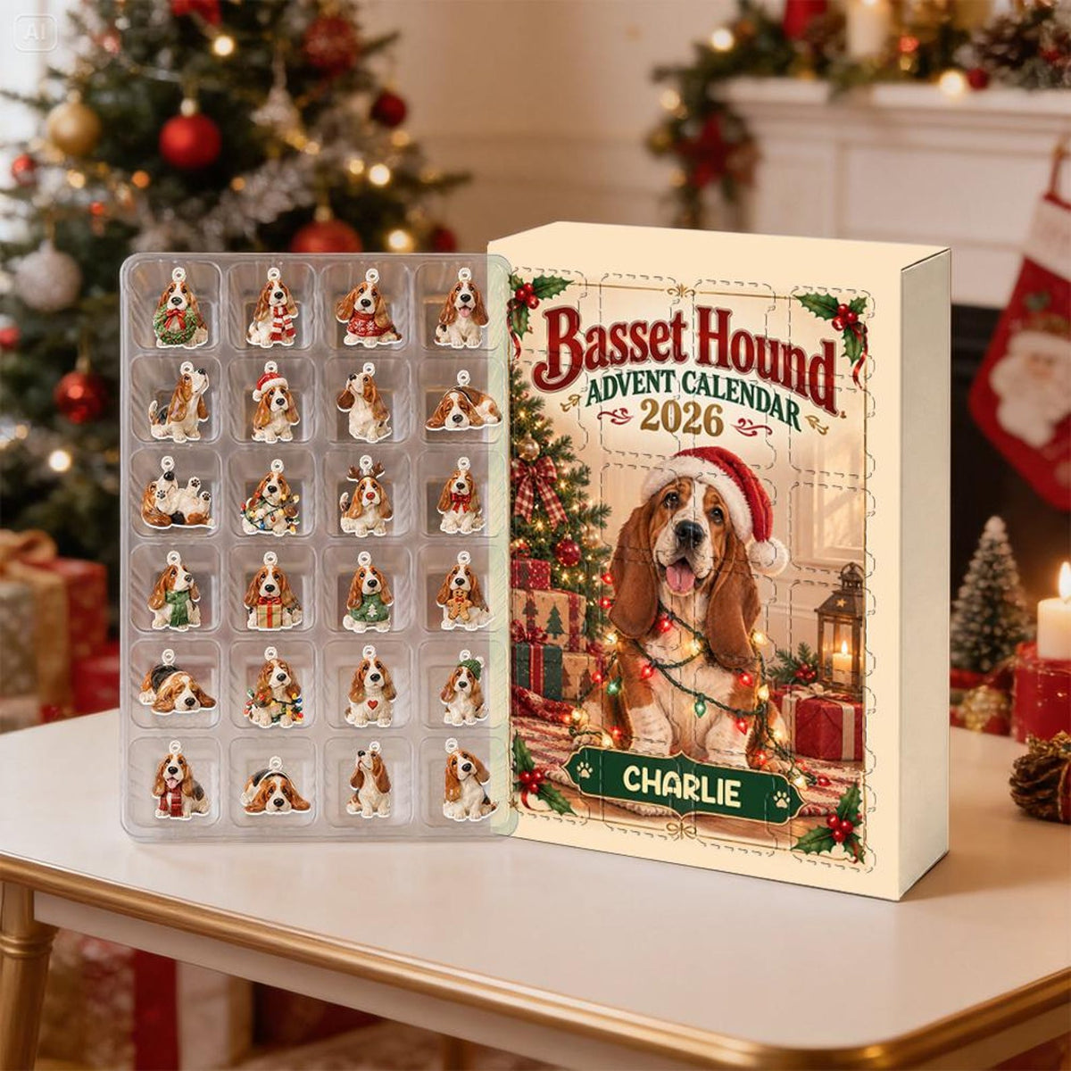 Personalized Basset Hound Advent Calendar, 24 Acrylic Charms, Custom Dog Name, Holiday Countdown, Pet Lover Gift