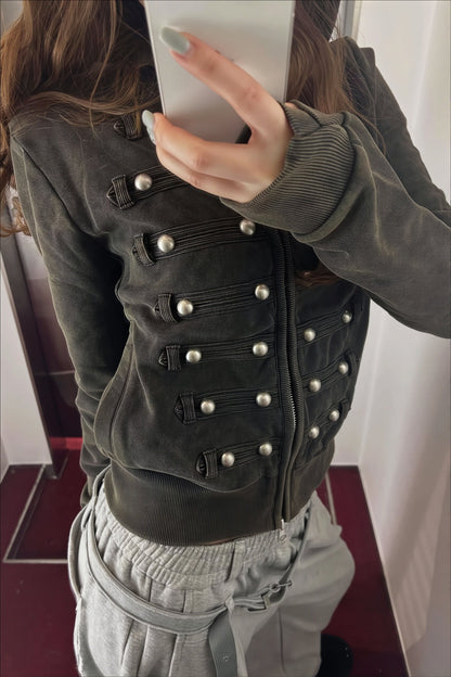Studded Corset Detail Fitted Zip Hoodie