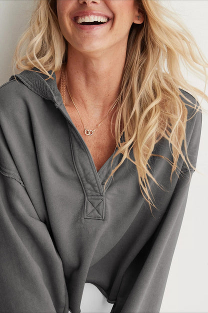 Relaxed V Neck Collared Pullover Sweatshirt