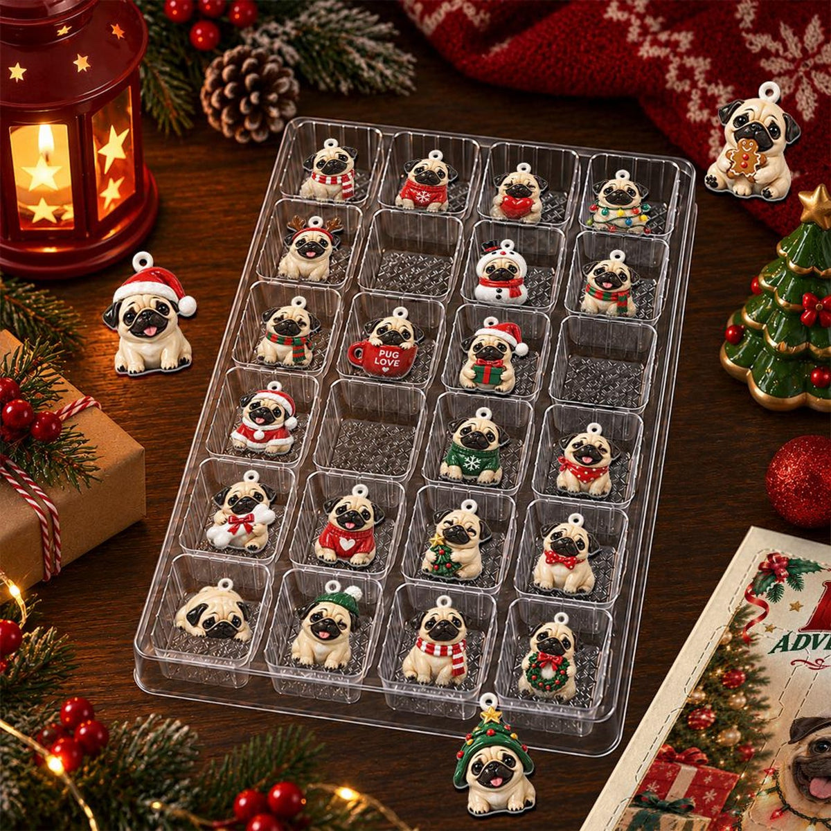 Personalized Pug Advent Calendar 2026, 24 Acrylic Charms, Custom Dog Name, Pug Lover Keepsake Collection
